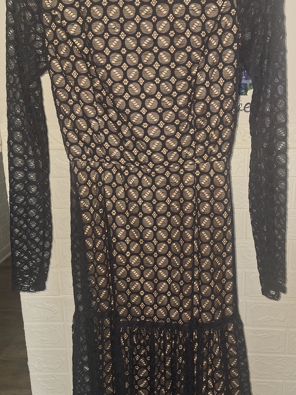 Black Lace Long Sleeve Dress with Nude Lining